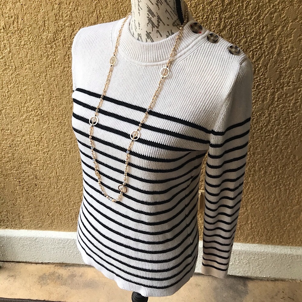 GAP Black & Cream Striped Long Sleeve Sweater Top & New Necklace, M